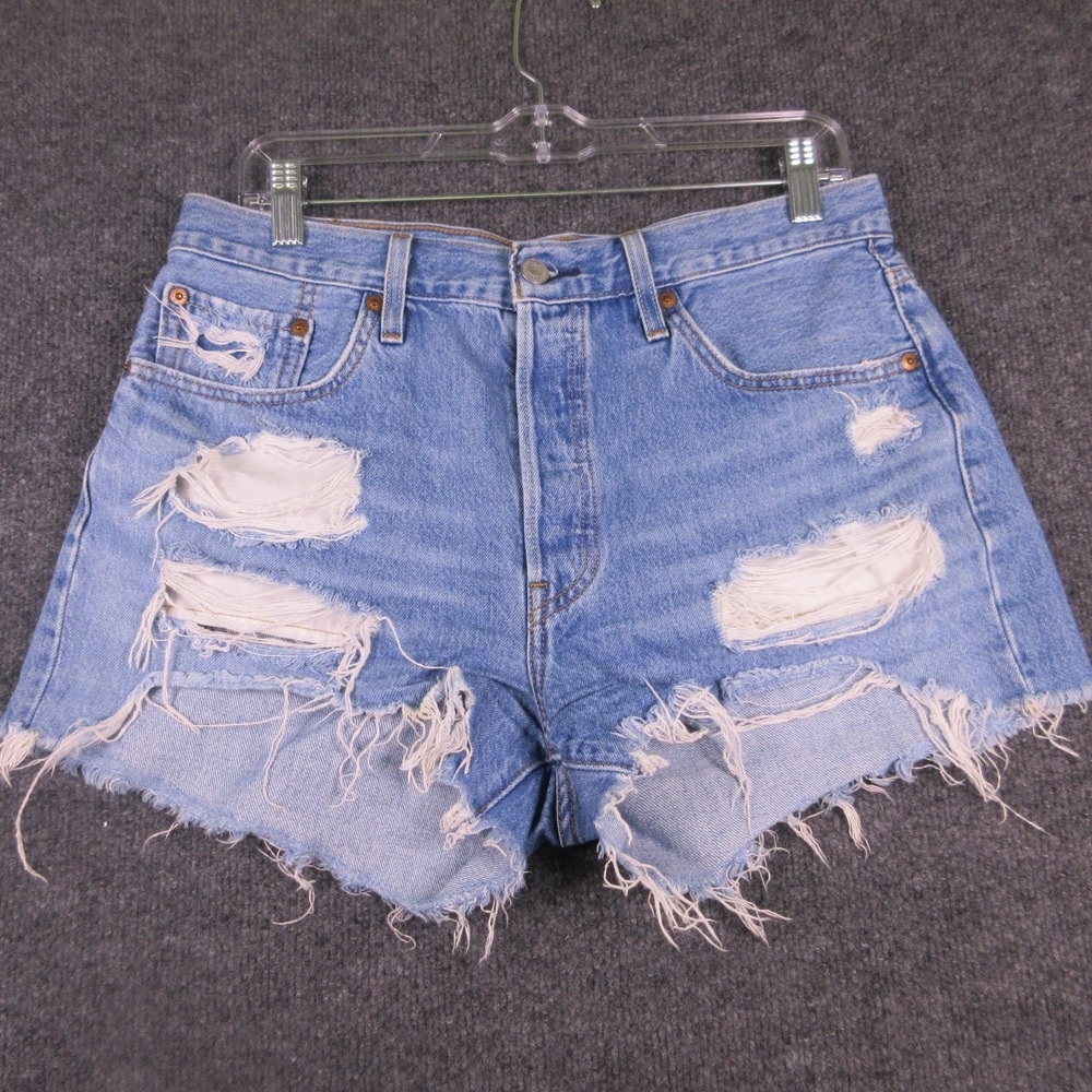 Levis 501 Shorts Womens W29 Blue Denim Distressed Cutoff Frayed Hem 3.5" Inseam